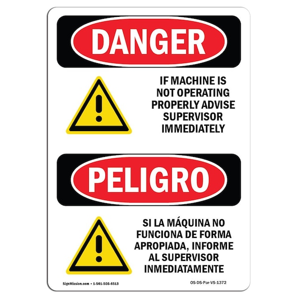 OSHA, Machine Not Operating Supervisor Bilingual, 18in X 12in Rigid Plastic, 12" W, 18" H, Spanish